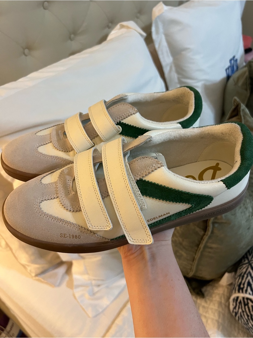 Sam Edelman Cream, Tan & Green Kids Velcro Sneakers